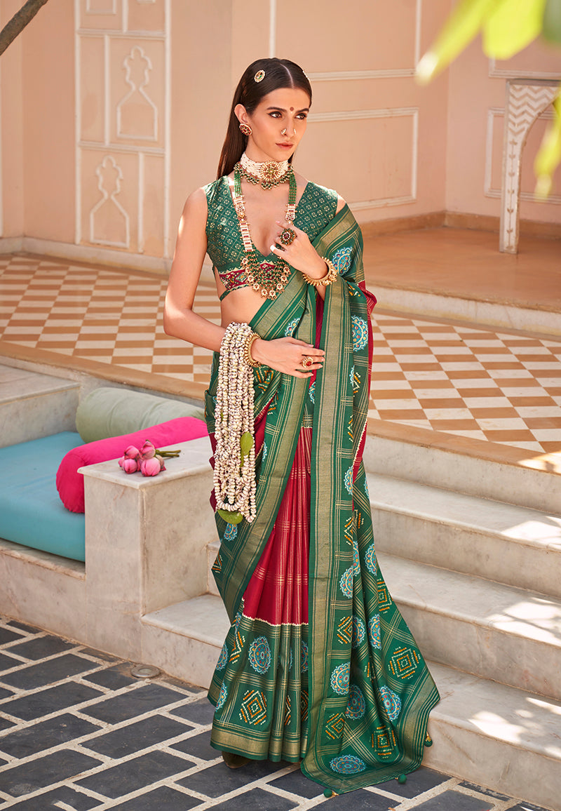 Green & Maroon Silk Foil Print Patola Saree