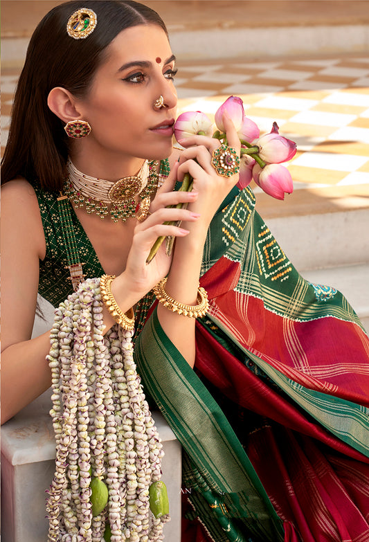 Green & Maroon Silk Foil Print Patola Saree