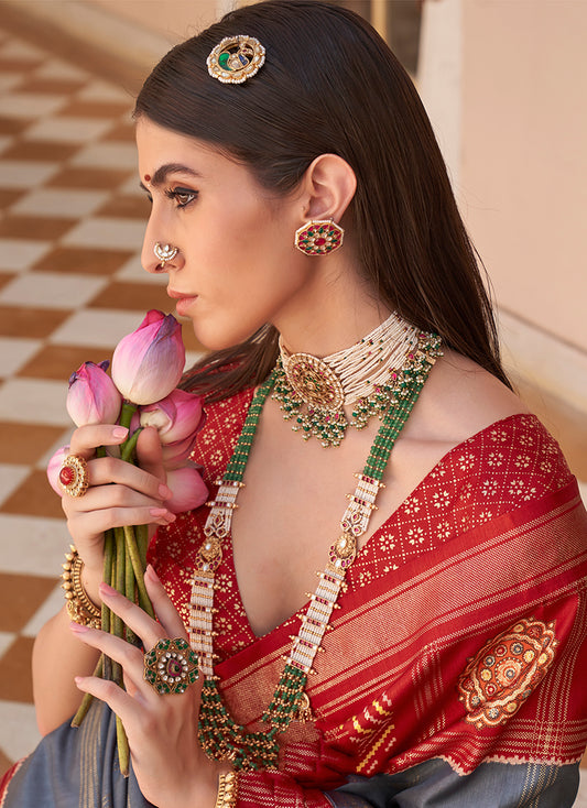 Grey & Maroon Silk Foil Print Patola Saree