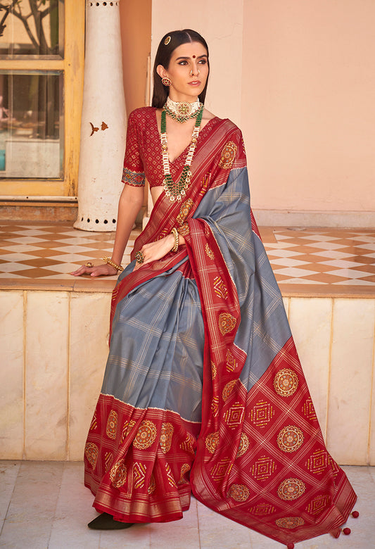 Grey & Maroon Silk Foil Print Patola Saree