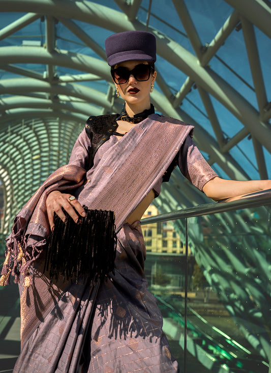 Dark Mauve Katan Silk Saree with Gold Zari Weaving