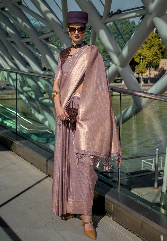 Dark Mauve Katan Silk Saree with Gold Zari Weaving