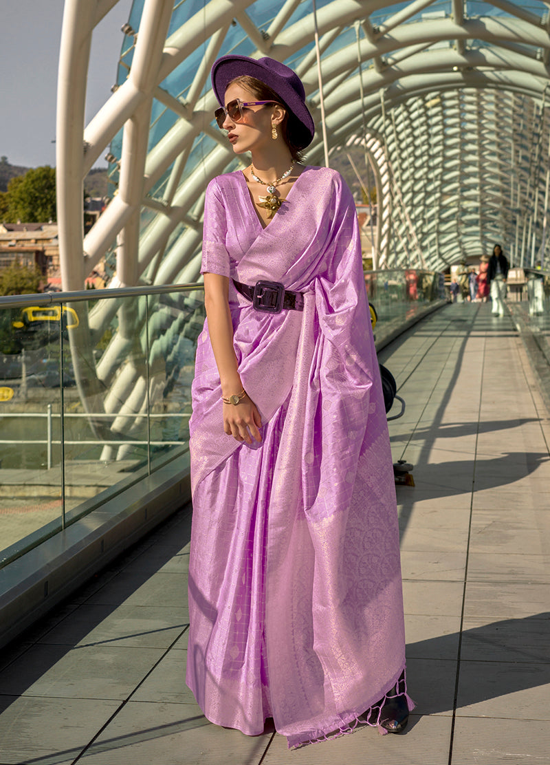 Lavender Katan Silk Saree with Gold Zari Weaving