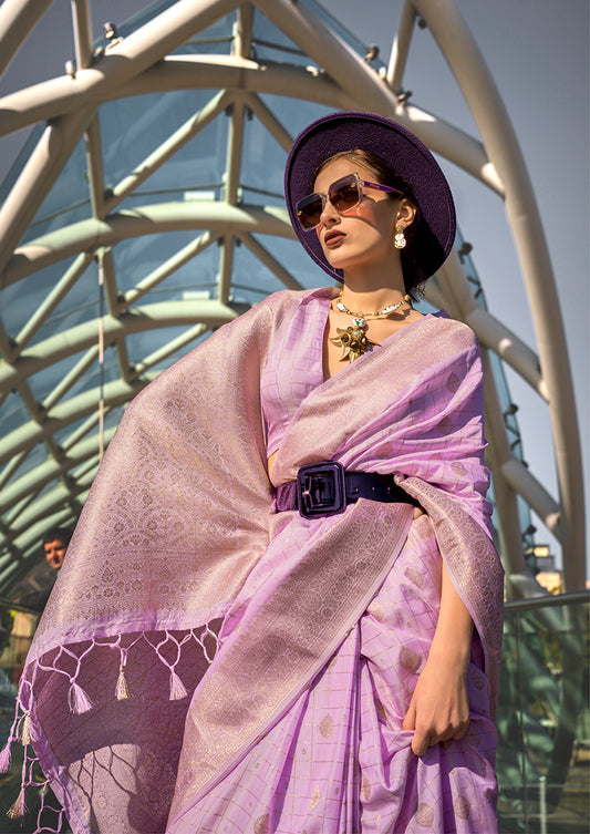 Lavender Katan Silk Saree with Gold Zari Weaving