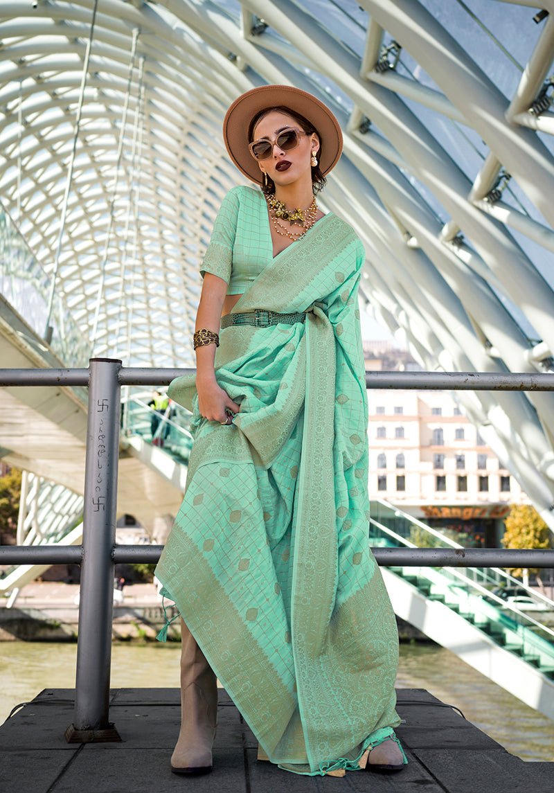 Light Turquoise Katan Silk Saree with Gold Zari Weaving
