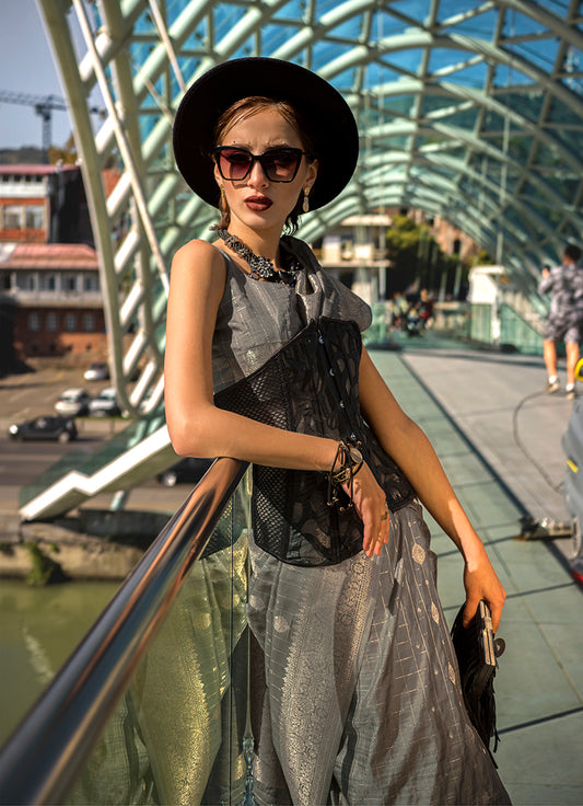 Gray Katan Silk Saree with Gold Zari Weaving