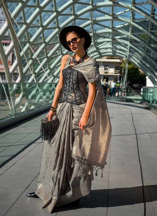 Gray Katan Silk Saree with Gold Zari Weaving