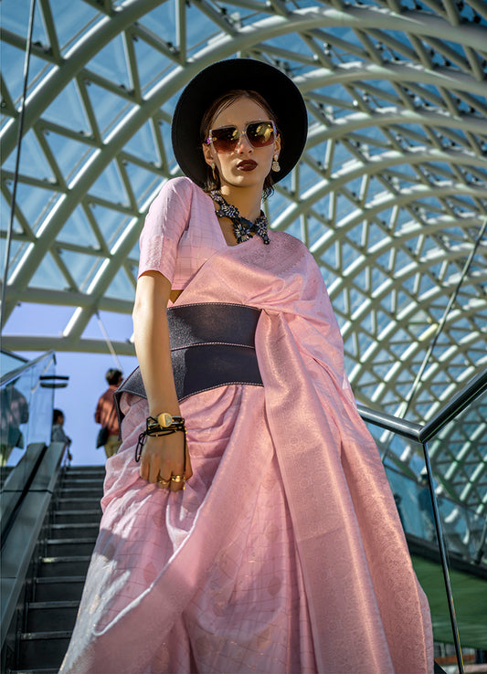Light Pink Katan Silk Saree with Gold Zari Weaving