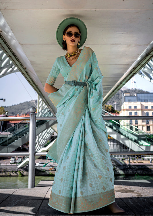 Aqua Blue Katan Silk Saree with Gold Zari Weaving