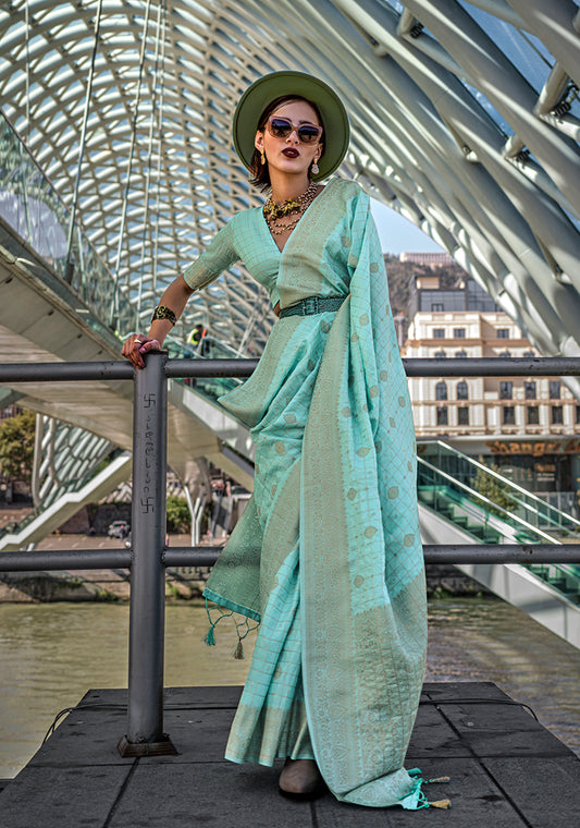 Aqua Blue Katan Silk Saree with Gold Zari Weaving