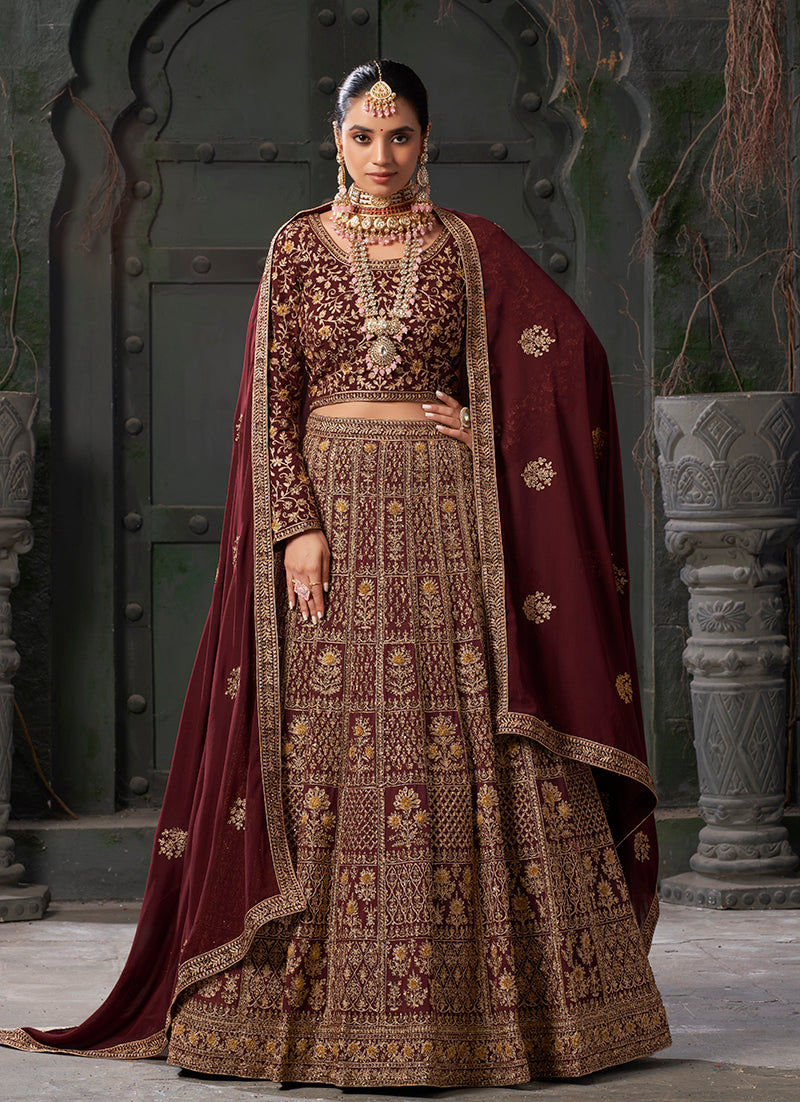 Maroon Georgette Embroidered Bridal Lehenga Choli With Dupatta