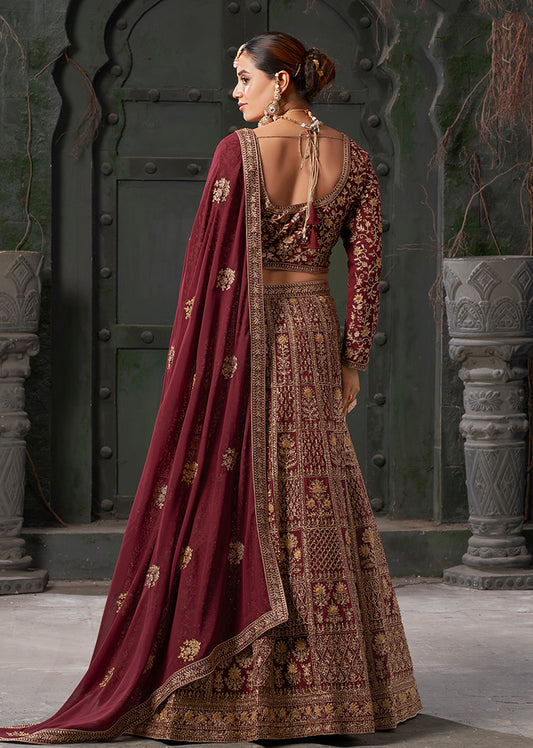 Maroon Georgette Embroidered Bridal Lehenga Choli With Dupatta