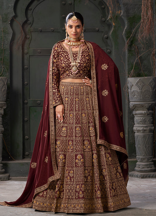 Maroon Georgette Embroidered Bridal Lehenga Choli With Dupatta