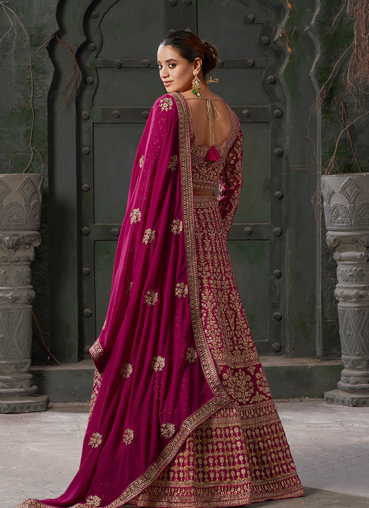 Rani Pink Georgette Embroidered Bridal Lehenga Choli With Dupatta