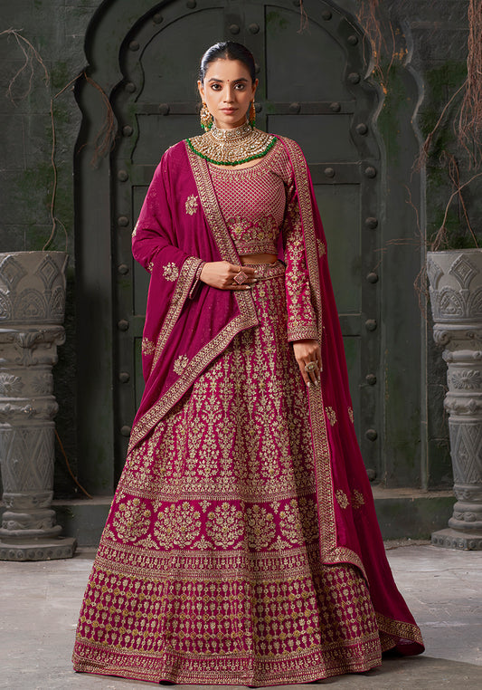 Rani Pink Georgette Embroidered Bridal Lehenga Choli With Dupatta