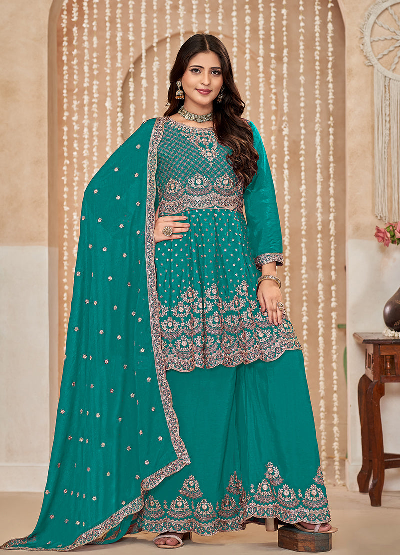 Turquoise Chinon Embroidered Trendy Palazzo Salwar Kameez