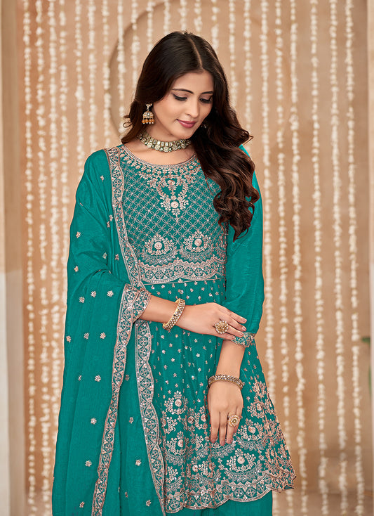Turquoise Chinon Embroidered Trendy Palazzo Salwar Kameez