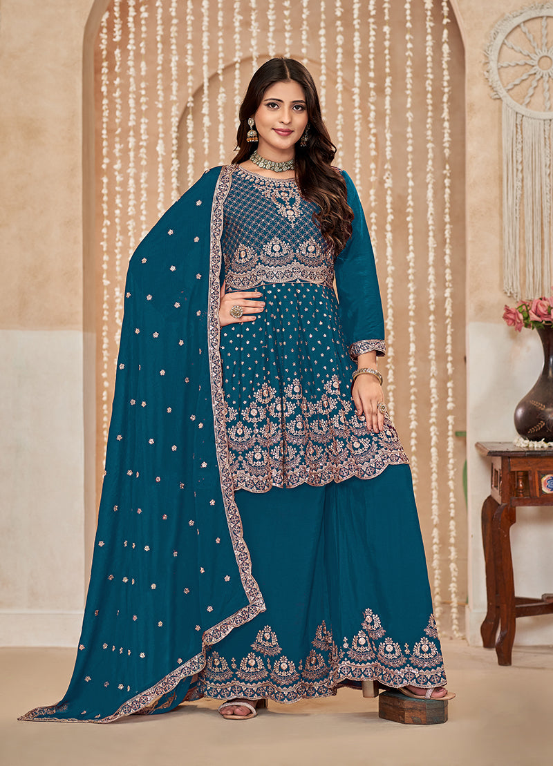 Teal blue Chinon Embroidered Trendy Palazzo Salwar Kameez