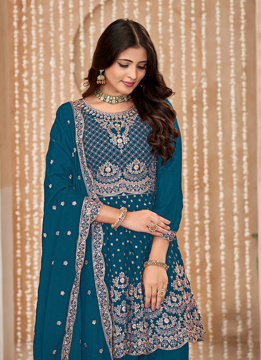 Teal blue Chinon Embroidered Trendy Palazzo Salwar Kameez