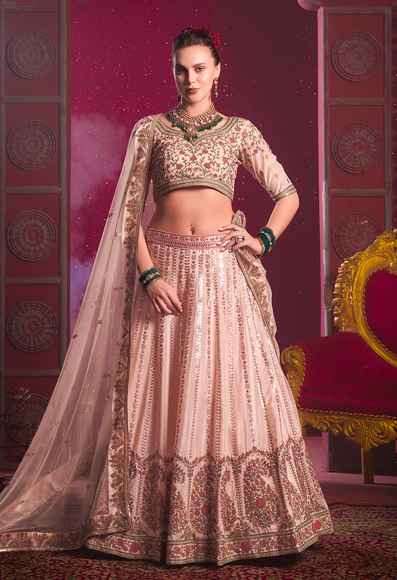 Peach Art Silk Embroidered Sequins Work Reception Wear Lehenga Choli