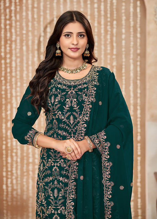 Dark Teal Faux Georgette Embroidered Festival Salwar Suit