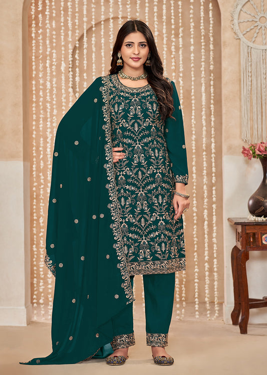 Dark Teal Faux Georgette Embroidered Festival Salwar Suit