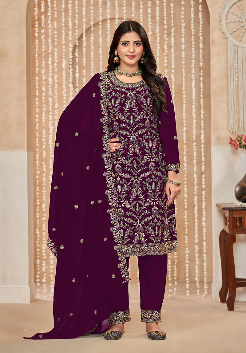 Wine Faux Georgette Embroidered Festival Salwar Suit