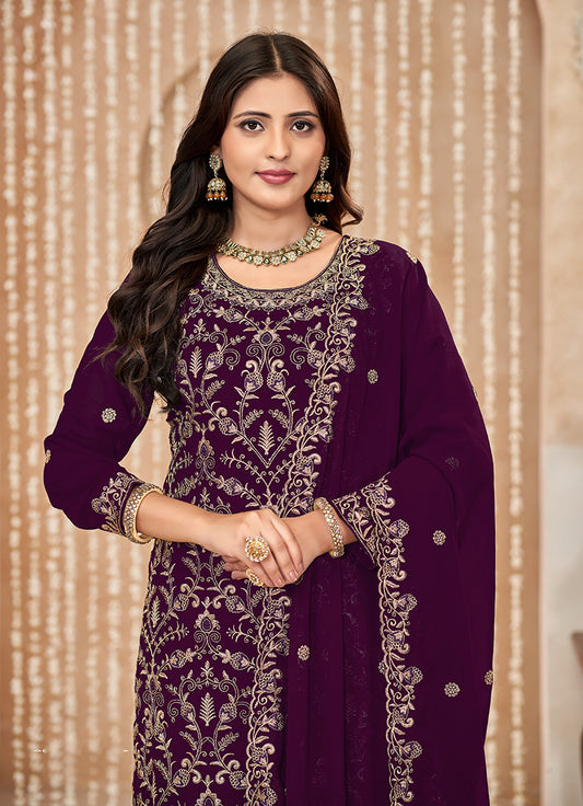 Wine Faux Georgette Embroidered Festival Salwar Suit