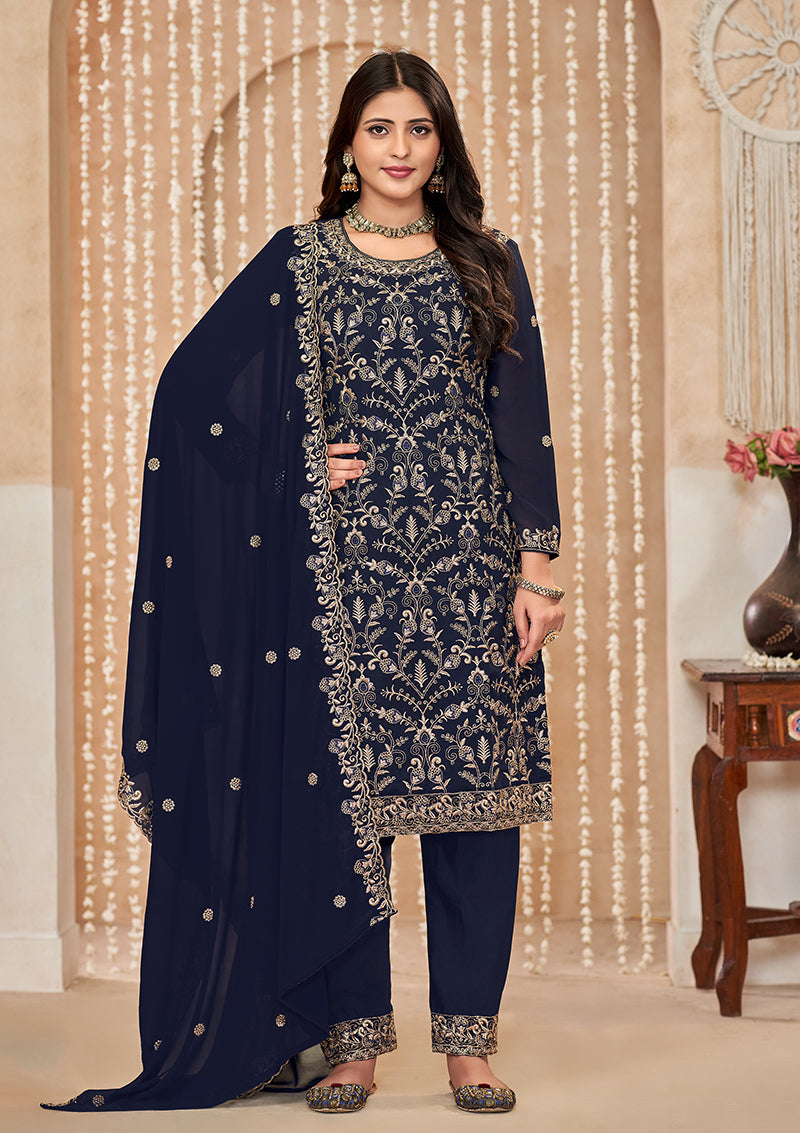 Navy blue Faux Georgette Embroidered Festival Salwar Suit