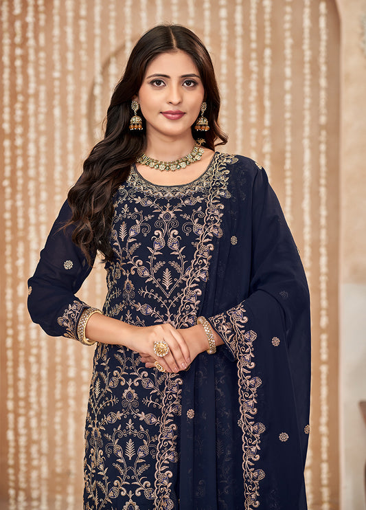 Navy blue Faux Georgette Embroidered Festival Salwar Suit