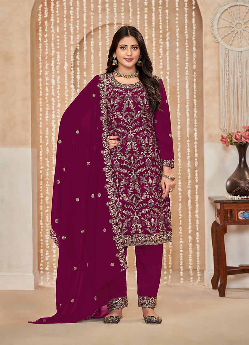 Dark Pink Faux Georgette Embroidered Festival Salwar Suit