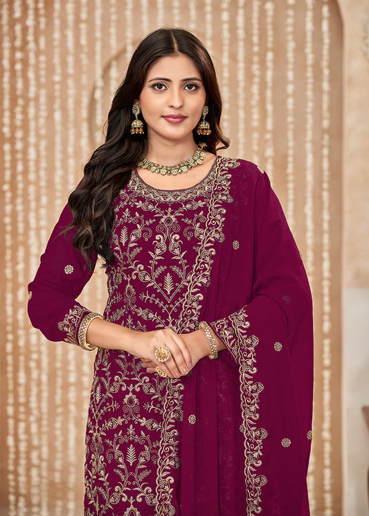Dark Pink Faux Georgette Embroidered Festival Salwar Suit