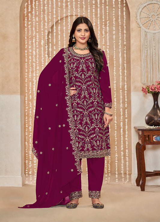 Dark Pink Faux Georgette Embroidered Festival Salwar Suit