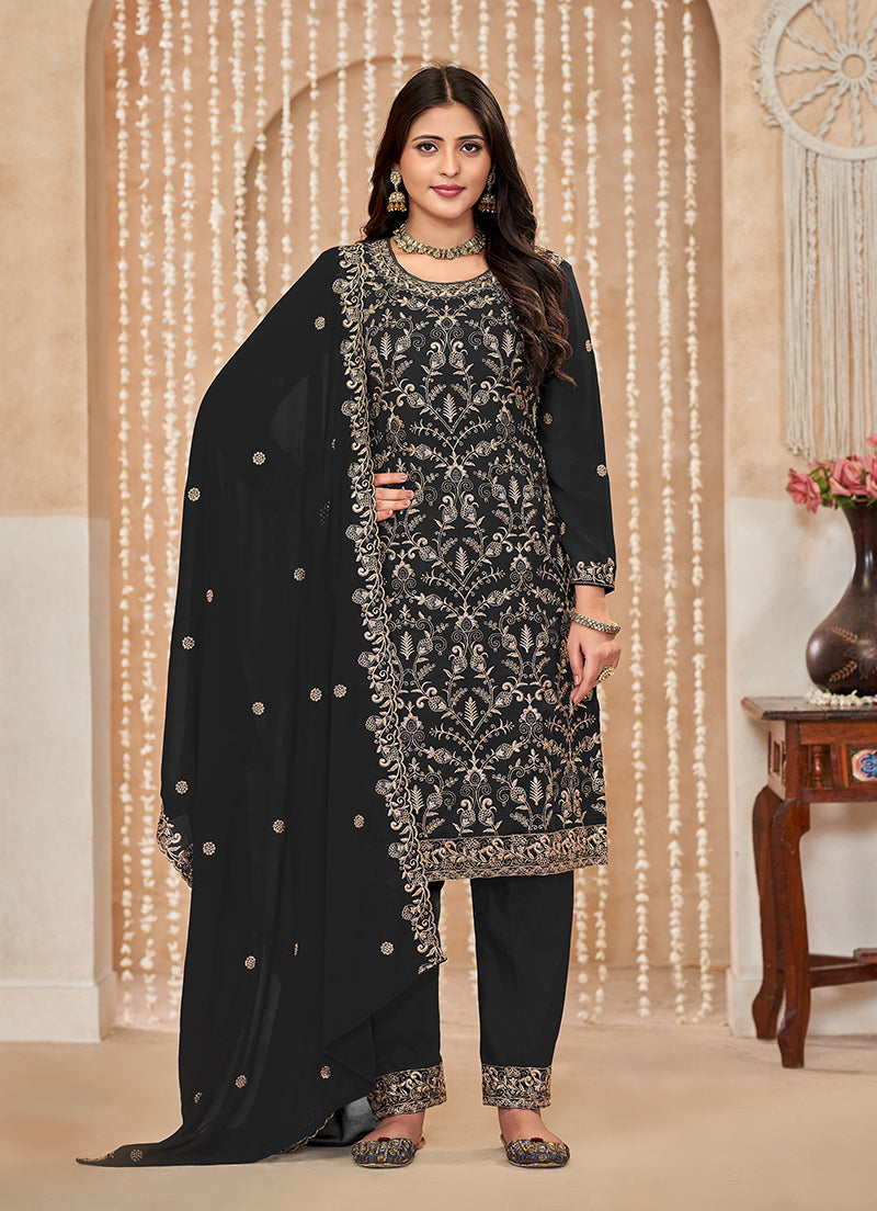 Black Faux Georgette Embroidered Festival Salwar Suit