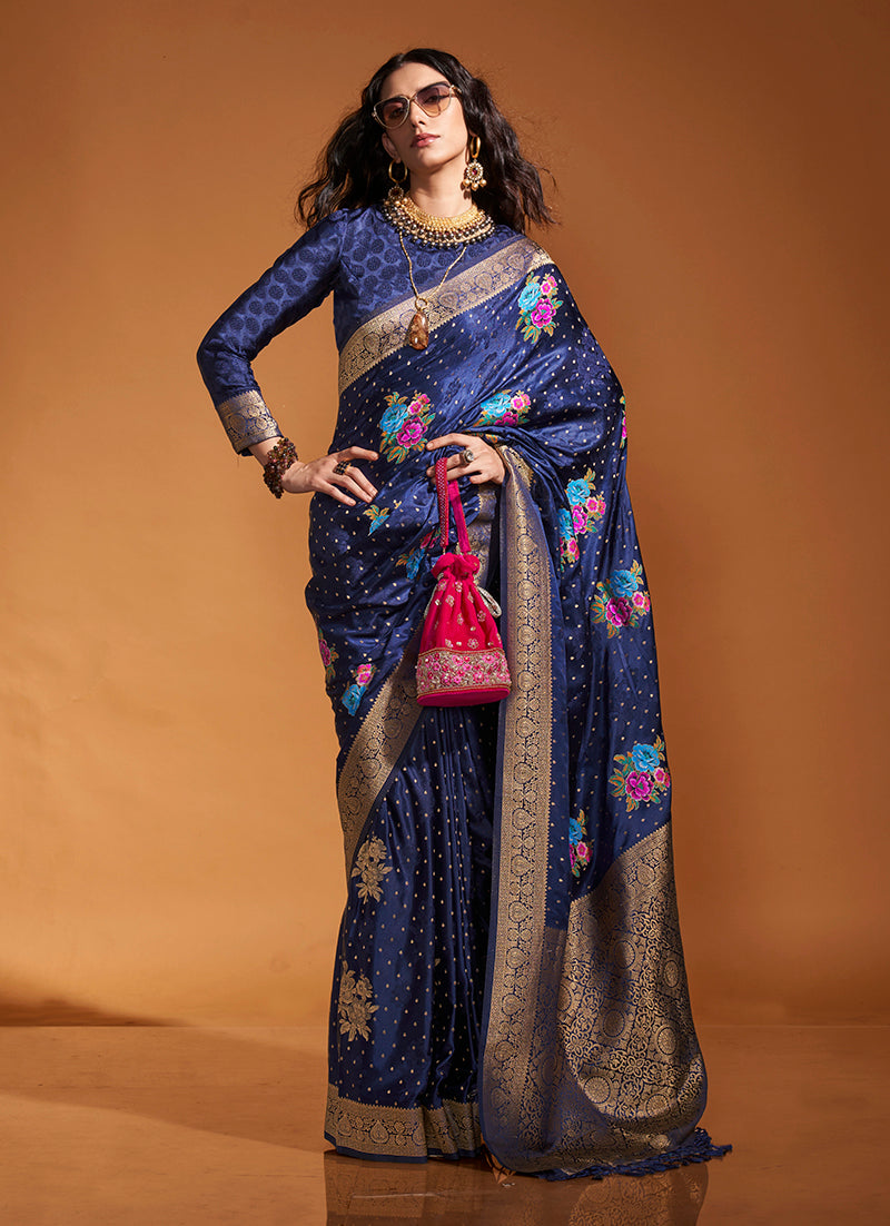 Navy Blue Satin Silk Saree with Intricate Zari Weave