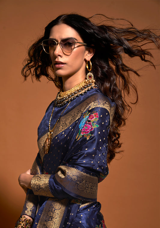 Navy Blue Satin Silk Saree with Intricate Zari Weave