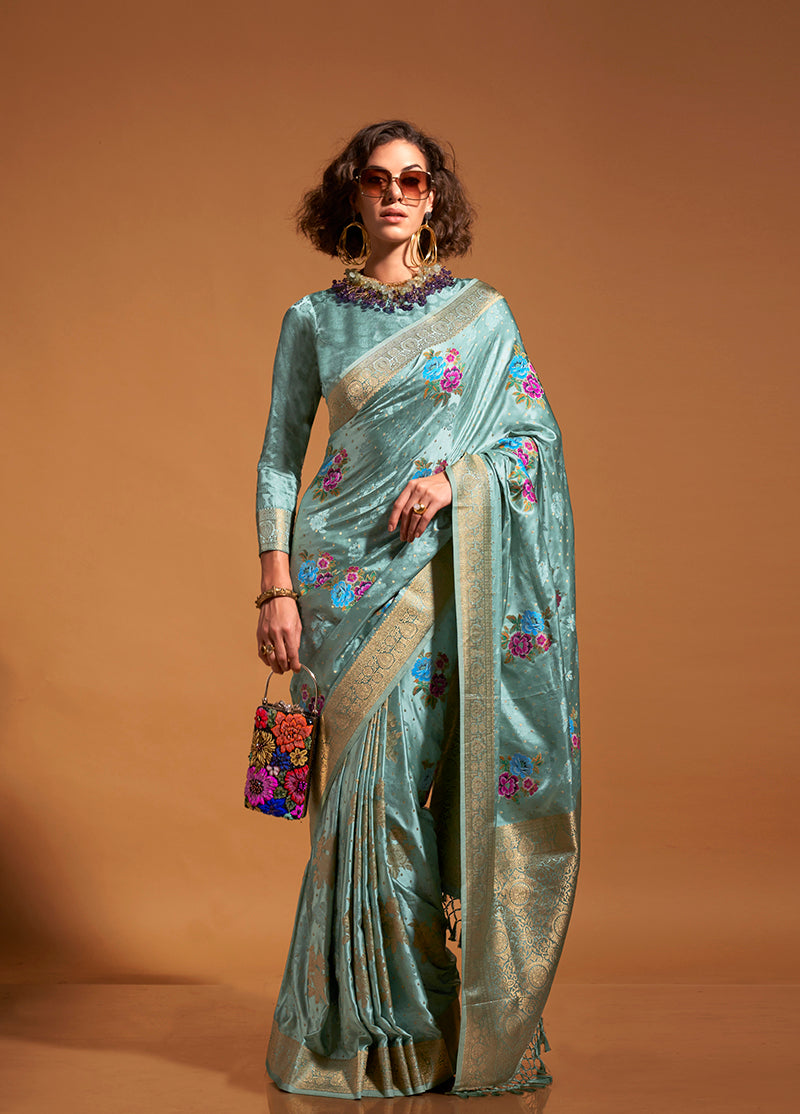 Light Cyan Satin Silk Saree with Intricate Zari Weave
