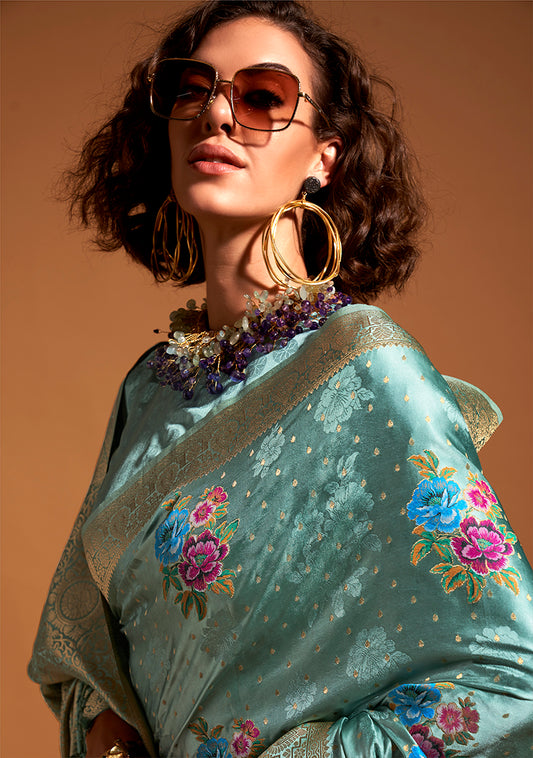 Light Cyan Satin Silk Saree with Intricate Zari Weave