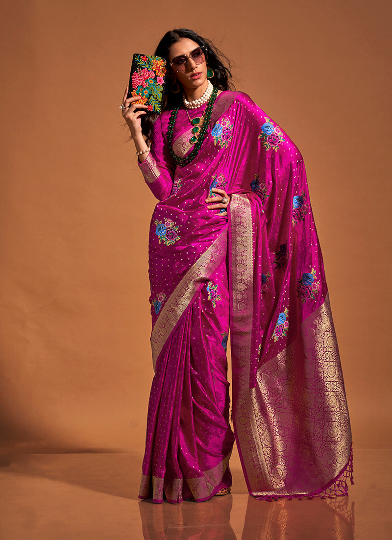 Magenta Satin Silk Saree with Intricate Zari Weave