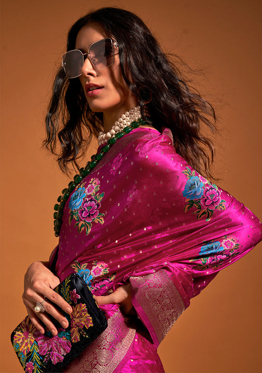 Magenta Satin Silk Saree with Intricate Zari Weave
