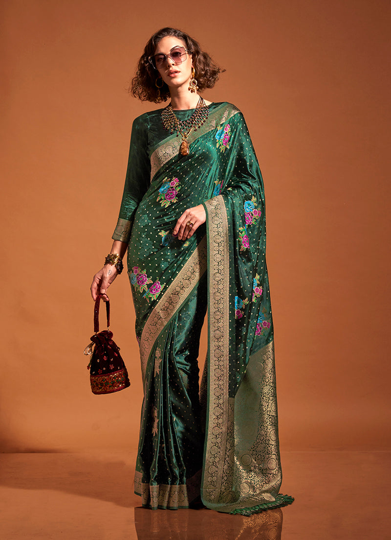 Dark Green Satin Silk Saree with Intricate Zari Weave
