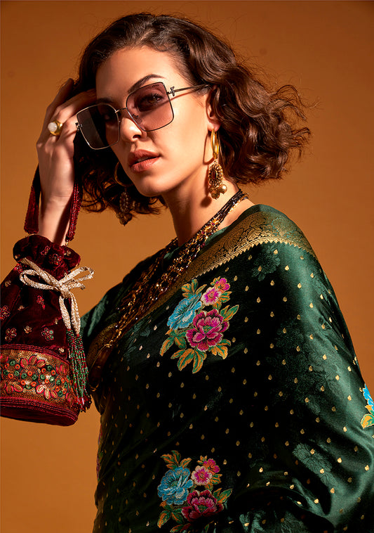 Dark Green Satin Silk Saree with Intricate Zari Weave