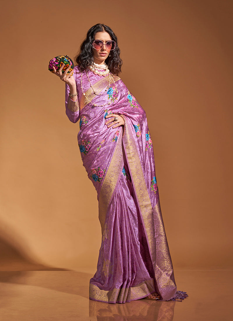 Lavender Satin Silk Saree with Intricate Zari Weave