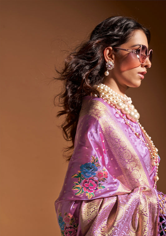 Lavender Satin Silk Saree with Intricate Zari Weave