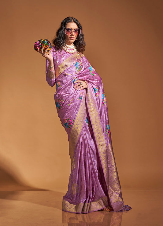Lavender Satin Silk Saree with Intricate Zari Weave