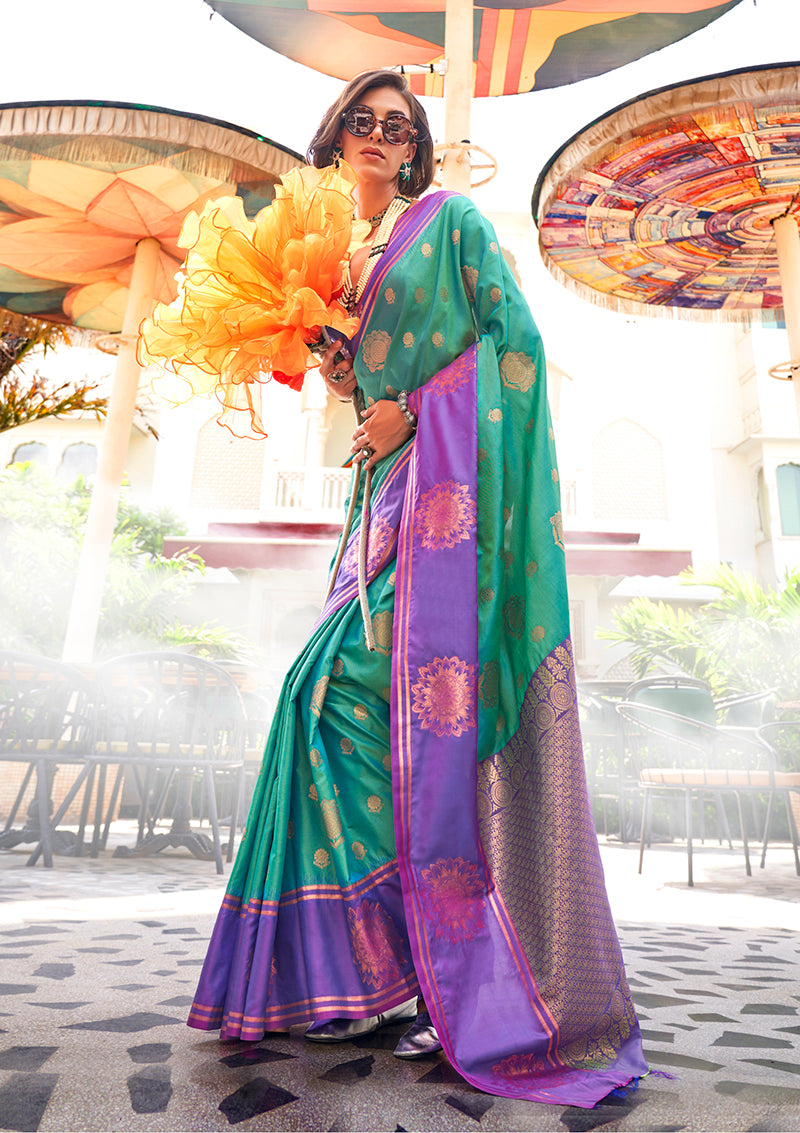 Teal Green Katan Silk Saree with Gold Zari Weaving