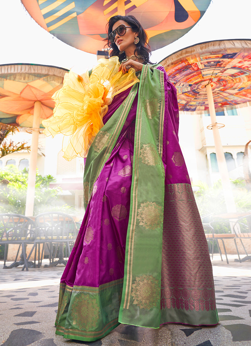 Magenta Katan Silk Saree with Gold Zari Weaving