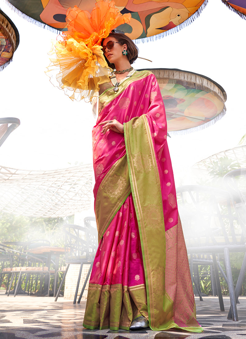 Rani Pink Katan Silk Saree with Gold Zari Weaving