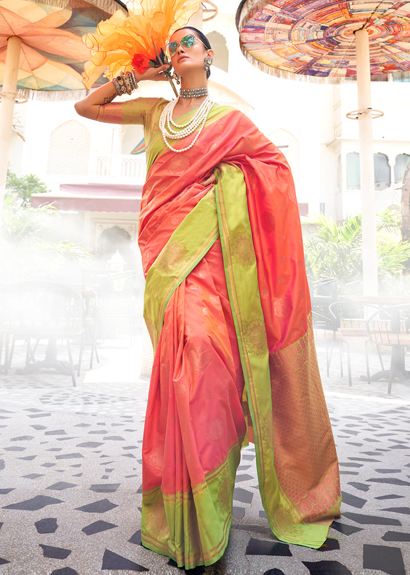 Peach Katan Silk Saree with Gold Zari Weaving