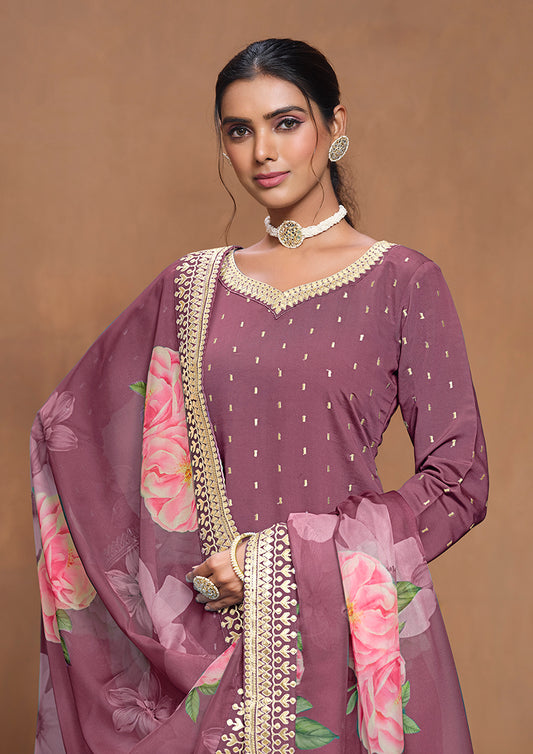 Dark Mauve Silk Embroidered Trendy Palazzo Salwar Kameez
